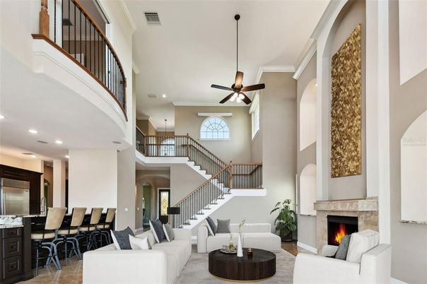 Dining room, Fireplace, Interior, Kitchen, Pendant Lights, Recessed Lighting
