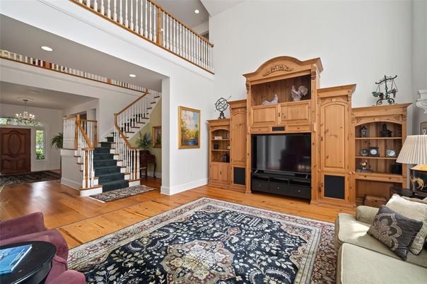 Chandelier, Interior, Living room, Recessed Lighting, Wood Texture Flooring