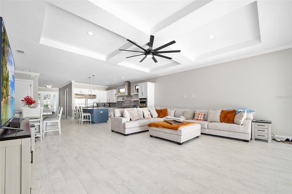 Dining room, Interior, Kitchen, Living room, Pendant Lights, Recessed Lighting, Stainless Steel Appliances, Wood Texture Flooring