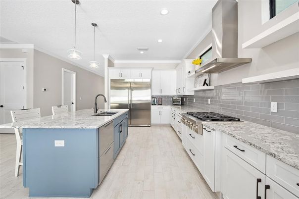 Interior, Kitchen, Pendant Lights, Recessed Lighting, Stainless Steel Appliances, Wood Texture Flooring