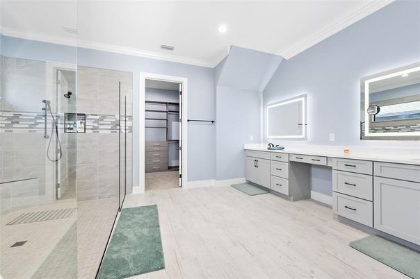 Bathroom, Dual Sink Vanities, Glass Shower, Interior, Recessed Lighting, Wood Texture Flooring