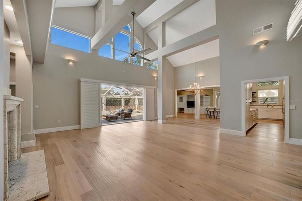Chandelier, Dining room, Fireplace, Interior, Pendant Lights, Wood Texture Flooring