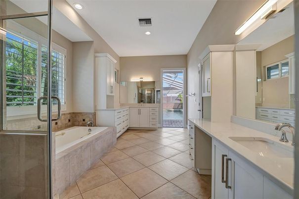 Bathroom, Dual Sink Vanities, Glass Shower, Interior, Recessed Lighting