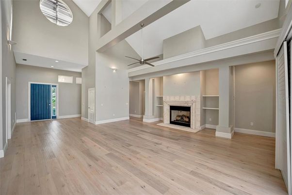 Empty room, Fireplace, Interior, Recessed Lighting, Wood Texture Flooring