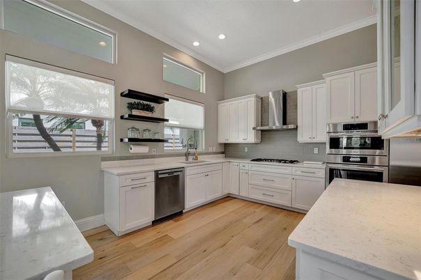 Interior, Kitchen, Recessed Lighting, Stainless Steel Appliances, Wood Texture Flooring