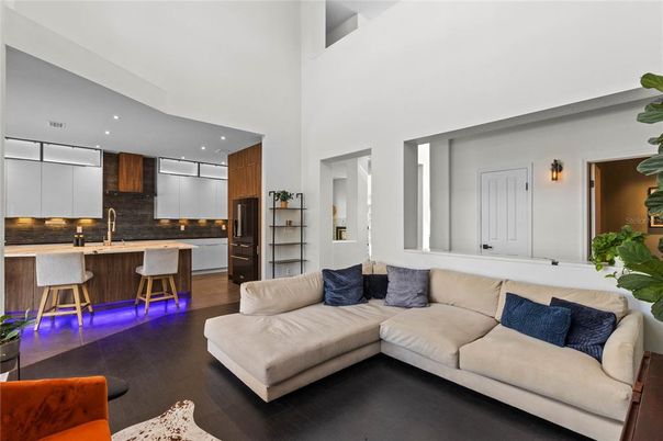 Interior, Kitchen, Living room, Recessed Lighting, Stainless Steel Appliances, Wood Texture Flooring