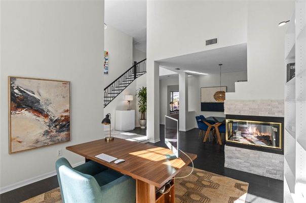 Fireplace, Home Office, Interior, Pendant Lights, Wood Texture Flooring