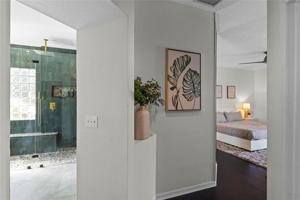 Bathroom, Bedroom, Glass Shower, Interior, Wood Texture Flooring