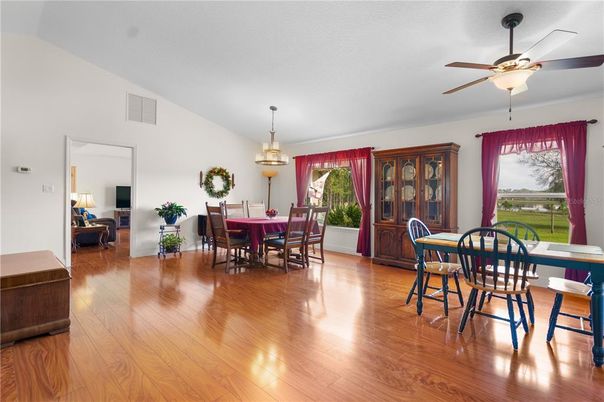 Dining room, Interior, Pendant Lights, Wood Texture Flooring