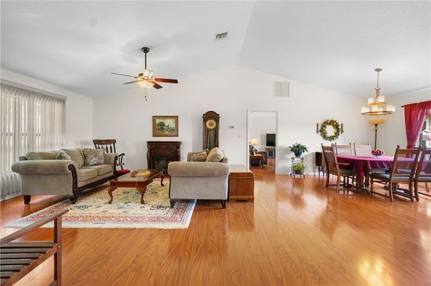 Dining room, Fireplace, Interior, Living room, Wood Texture Flooring