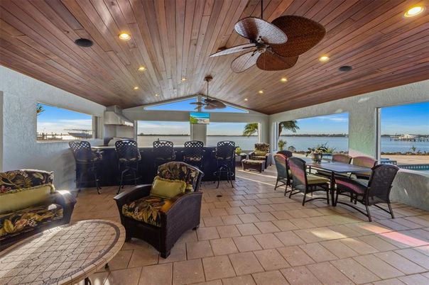 Dining room, Interior, Recessed Lighting, Water, Wooden Ceilings