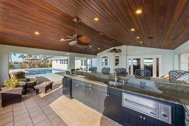 Exterior, Pool, Recessed Lighting, Wooden Ceilings