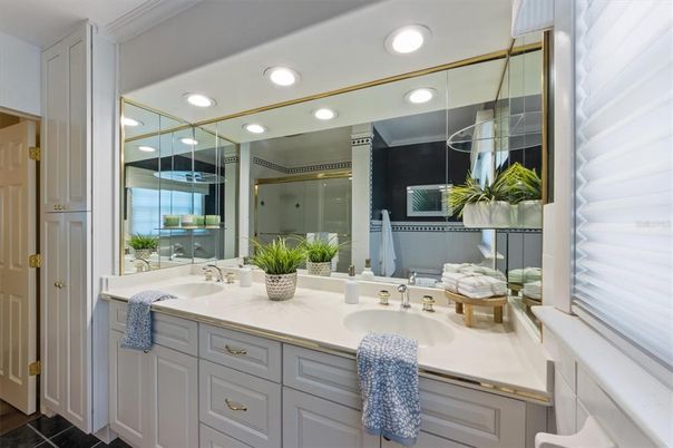 Bathroom, Dual Sink Vanities, Glass Shower, Interior, Recessed Lighting