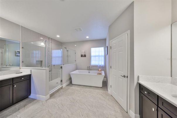Bathroom, Free Standing Baths, Glass Shower, Interior, Marble, Recessed Lighting