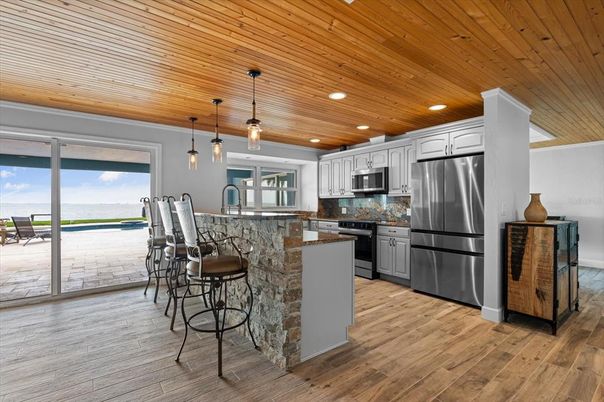 Interior, Kitchen, Pendant Lights, Recessed Lighting, Stainless Steel Appliances, Wooden Ceilings, Wood Texture Flooring