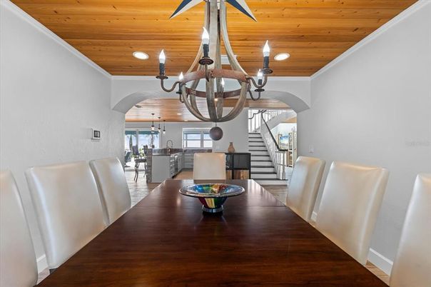 Chandelier, Dining room, Interior, Recessed Lighting, Wooden Ceilings, Wood Texture Flooring