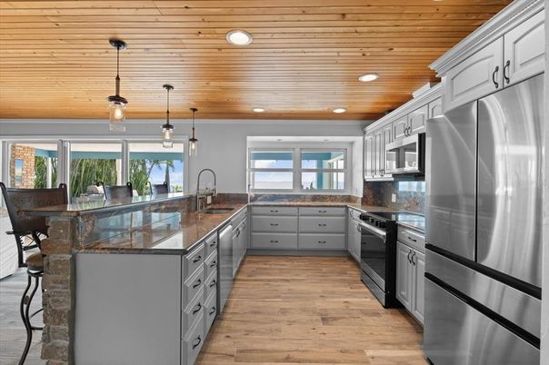 Interior, Kitchen, Pendant Lights, Recessed Lighting, Stainless Steel Appliances, Wooden Ceilings, Wood Texture Flooring