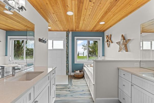 Bathroom, Dual Sink Vanities, Interior, Recessed Lighting, Wooden Ceilings, Wood Texture Flooring