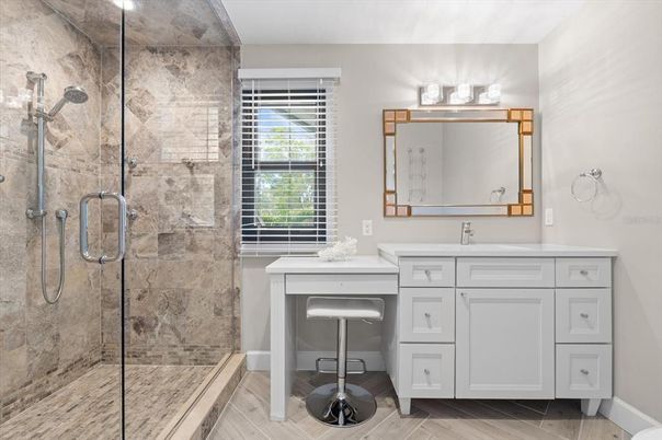 Bathroom, Glass Shower, Interior, Wood Texture Flooring