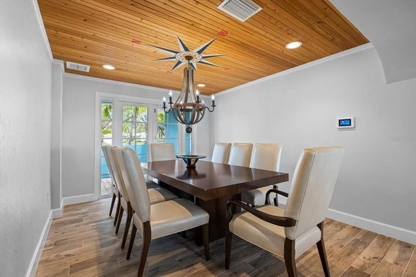 Chandelier, Dining room, Interior, Recessed Lighting, Wooden Ceilings, Wood Texture Flooring