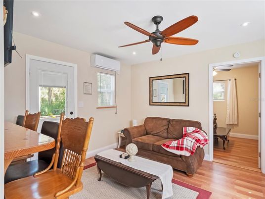 Dining room, Interior, Living room, Recessed Lighting, Wood Texture Flooring
