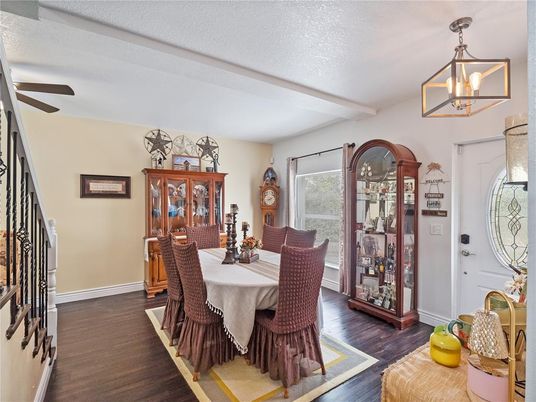 Dining room, Interior, Pendant Lights, Wood Texture Flooring