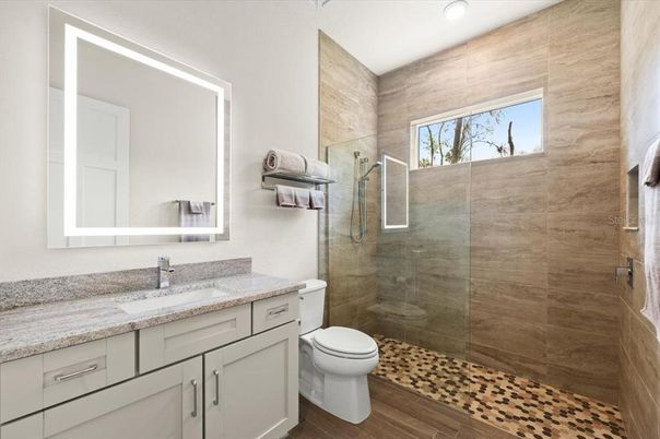 Bathroom, Glass Shower, Interior, Recessed Lighting, Wood Texture Flooring