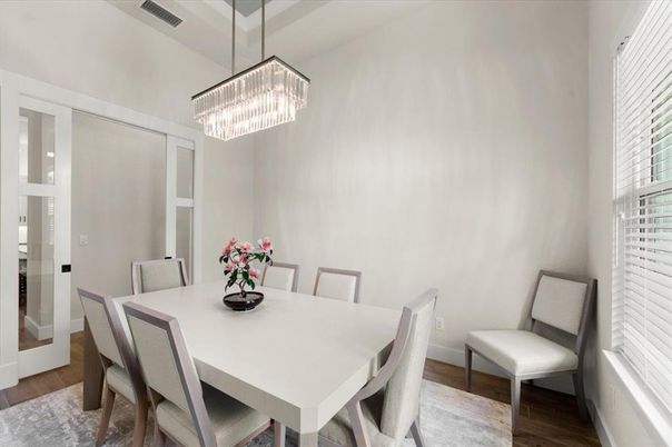 Chandelier, Dining room, Interior, Wood Texture Flooring