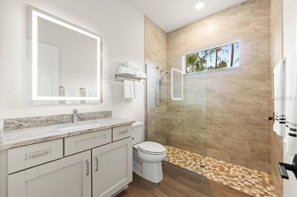 Bathroom, Glass Shower, Interior, Recessed Lighting, Wood Texture Flooring