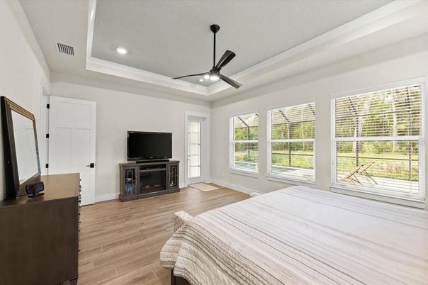 Bedroom, Interior, Recessed Lighting, Wood Texture Flooring