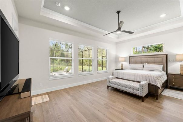 Bedroom, Interior, Recessed Lighting, Wood Texture Flooring