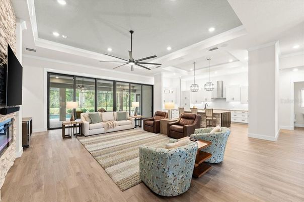 Fireplace, Interior, Kitchen, Living room, Pendant Lights, Recessed Lighting, Wood Texture Flooring