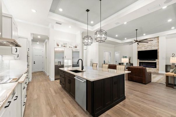 Fireplace, Interior, Kitchen, Living room, Pendant Lights, Recessed Lighting, Stainless Steel Appliances, Wood Texture Flooring