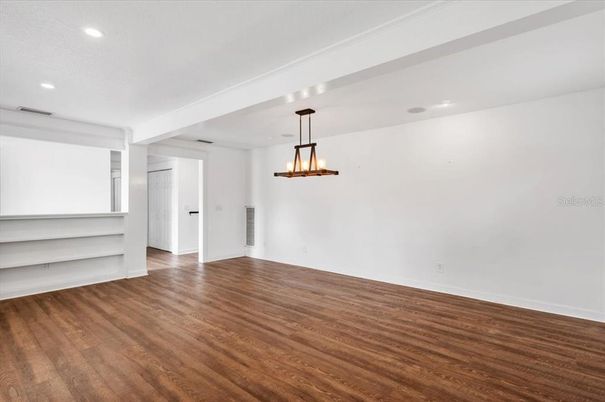 Empty room, Interior, Pendant Lights, Recessed Lighting, Wood Texture Flooring