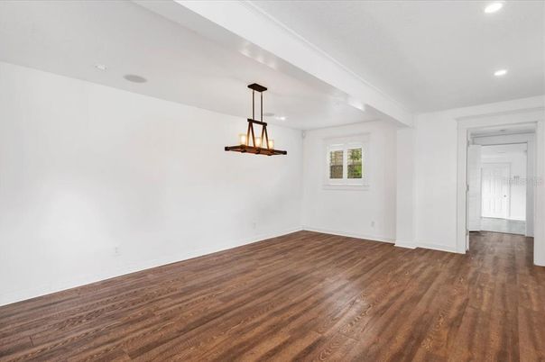 Empty room, Interior, Pendant Lights, Recessed Lighting, Wood Texture Flooring
