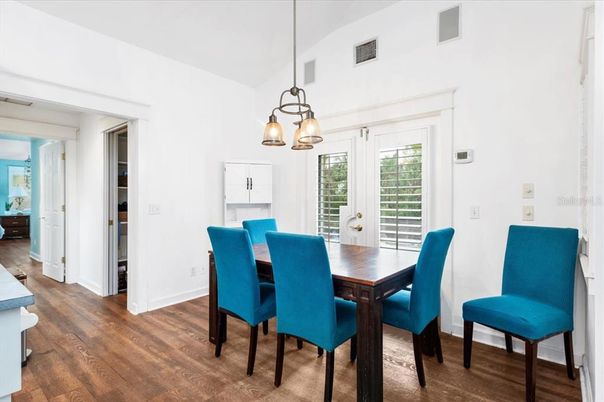 Dining room, Interior, Pendant Lights, Wood Texture Flooring