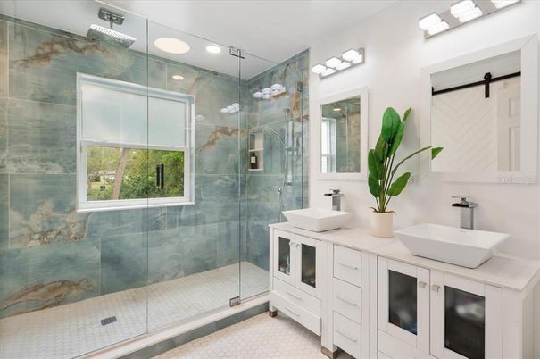 Bathroom, Dual Sink Vanities, Glass Shower, Interior, Recessed Lighting