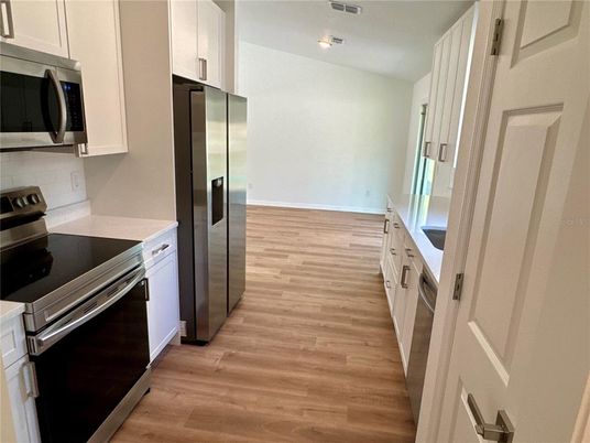 Interior, Kitchen, Stainless Steel Appliances, Wood Texture Flooring