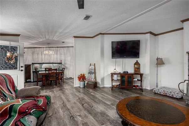 Dining room, Interior, Pendant Lights, Wood Texture Flooring