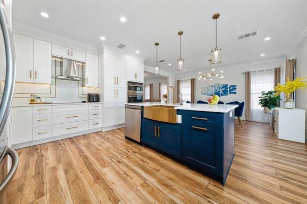 Interior, Kitchen, Pendant Lights, Recessed Lighting, Stainless Steel Appliances, Wood Texture Flooring