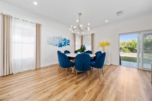 Dining room, Interior, Pendant Lights, Recessed Lighting, Wood Texture Flooring