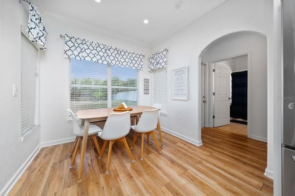 Dining room, Interior, Recessed Lighting, Wood Texture Flooring