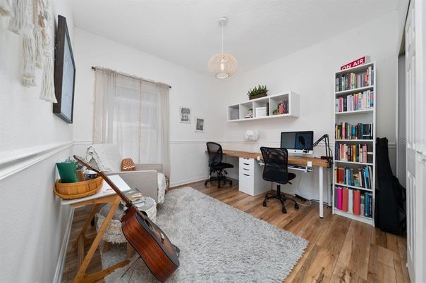 Home Office, Interior, Pendant Lights, Wood Texture Flooring