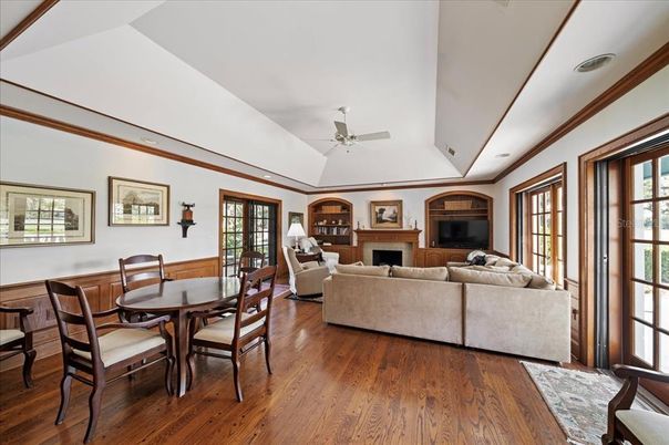Dining room, Fireplace, Interior, Living room, Wood Texture Flooring