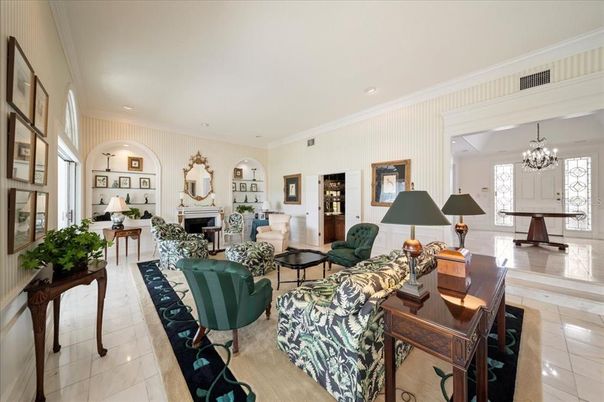 Chandelier, Fireplace, Interior, Living room, Recessed Lighting