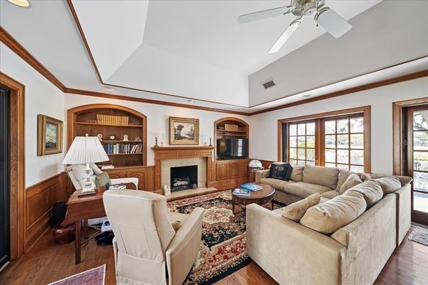 Fireplace, Home Office, Interior, Living room, Wood Texture Flooring