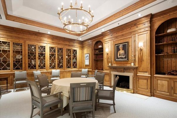 Chandelier, Dining room, Fireplace, Interior, Recessed Lighting, Wooden Walls