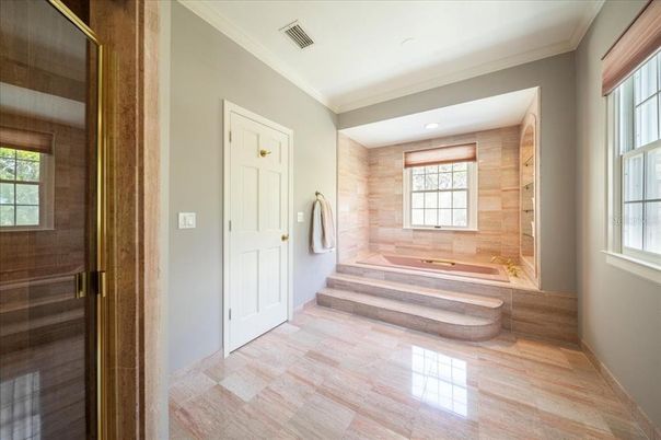 Bathroom, Interior, Recessed Lighting, Wood Texture Flooring, Wooden Walls
