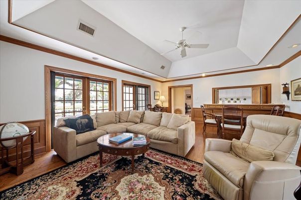 Dining room, Interior, Living room, Recessed Lighting, Wood Texture Flooring