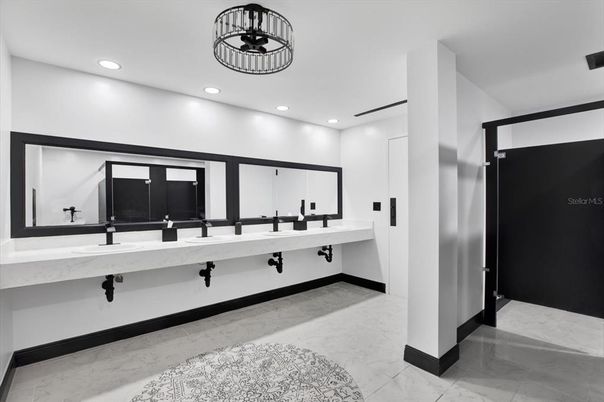 Bathroom, Dual Sink Vanities, Interior, Marble, Recessed Lighting